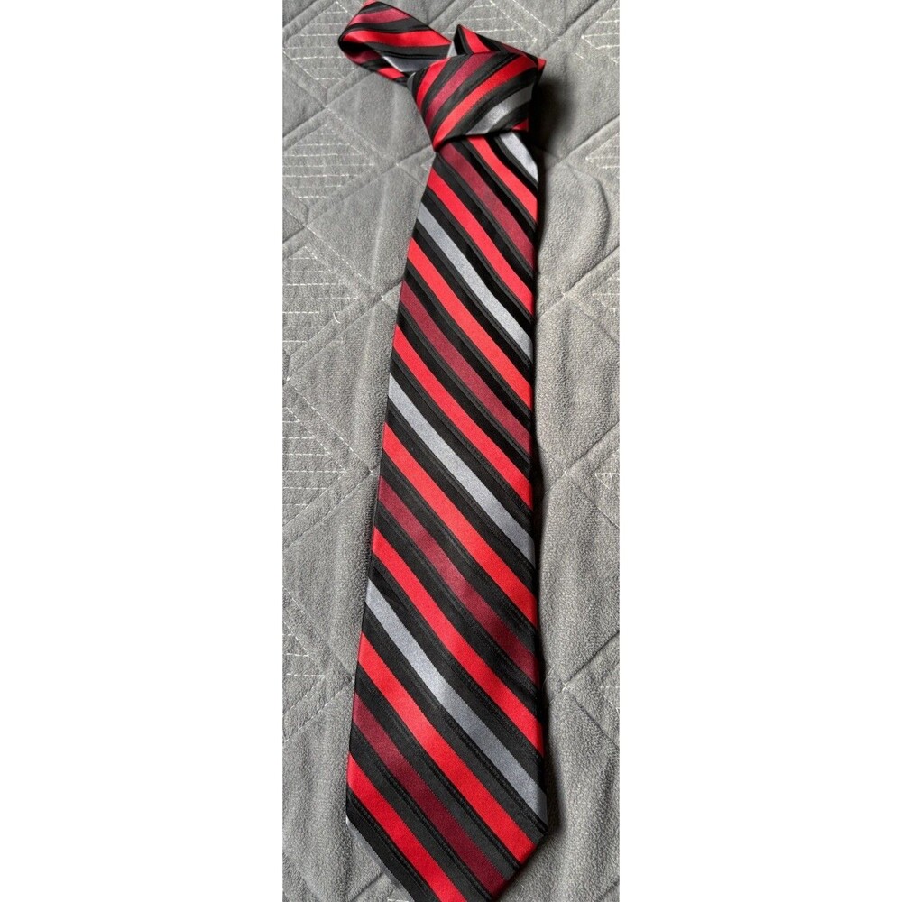 Ks 100% Pure Silk Mens Necktie Tie Red Black Gray Stripped 56x3.5